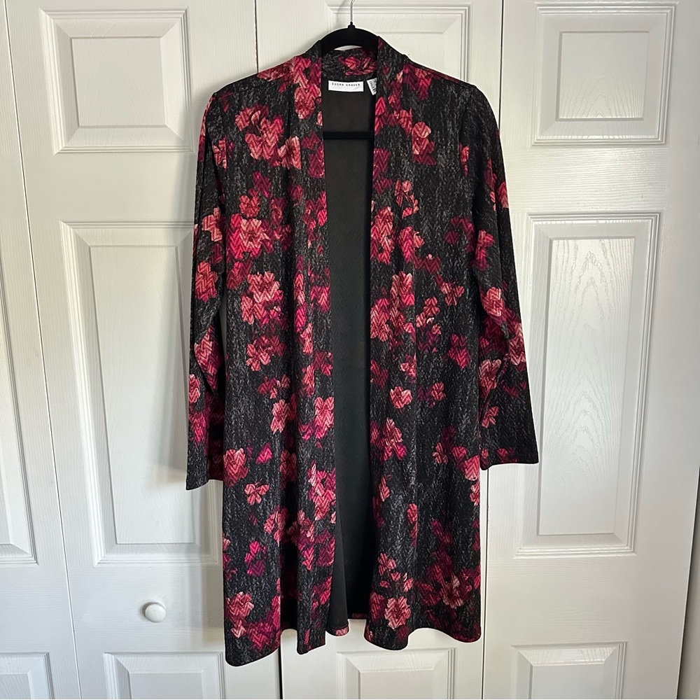 Susan Graver Liquid Knit Cardigan Womens L Open Front Floral Duster Layer Office